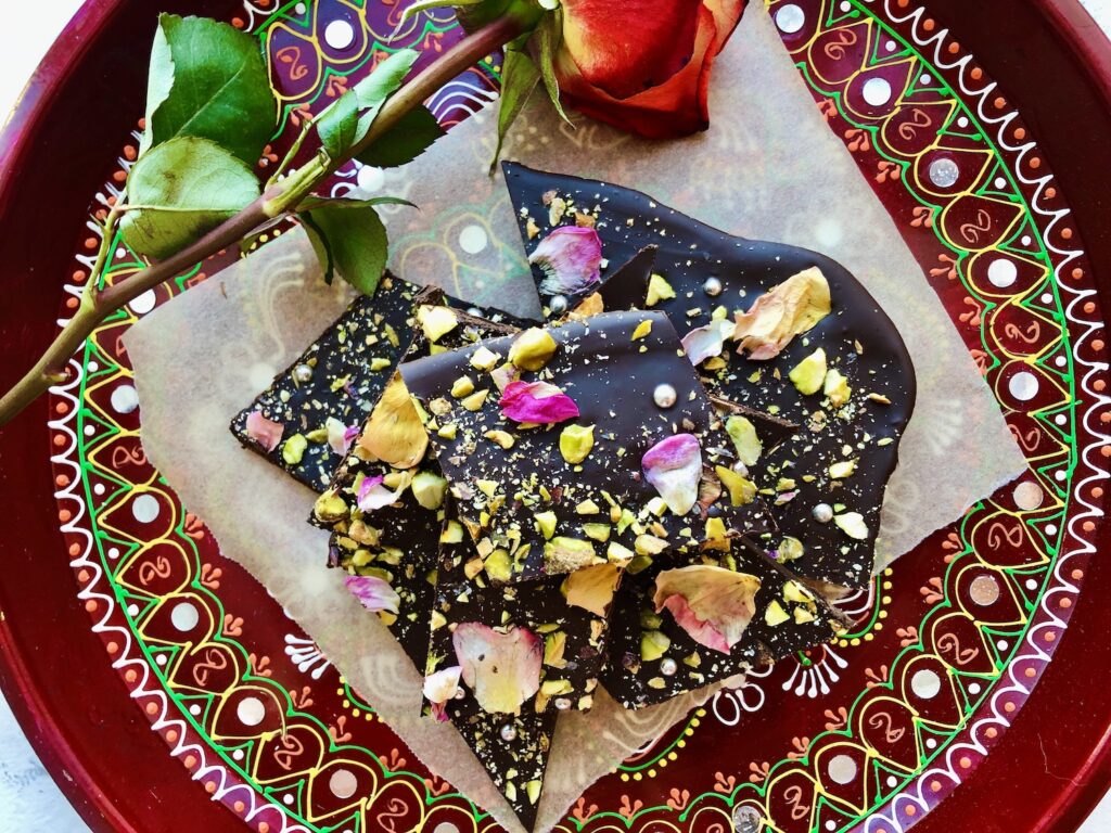 Dark Chocolate Bark with Nuts & Rose Petals